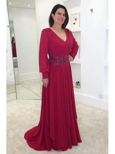 Long Sleeves V-Neck Beaded Lace Appliques Mother of the Bride Dresses 99503108