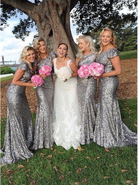 Latest Sequins Cap-Sleeves Silver Long Bridesmaid Dresses 99601001