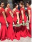 Trumpet/Mermaid Lace Cap-Sleeve V-Back Long Red Bridesmaid Dresses 99601003
