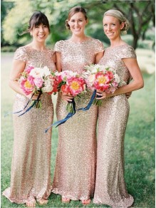 Sheath Cap-Sleeve Sequins Long Bridesmaid Dresses 99601007