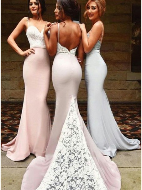 Trumpet/Mermaid Spaghetti Straps Lace Long Bridesmaid Dresses 99601021