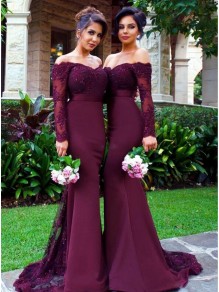 Long Sleeves Off-the-Shoulder Lace Purple Mermaid Wedding Party Dresses Bridesmaid Dresses 99601030