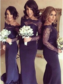 Long Sleeves Purple Lace Mermaid Wedding Party Dresses Bridesmaid Dresses 99601034