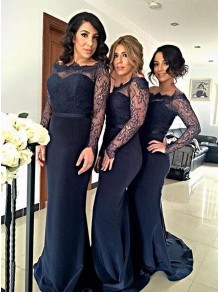Long Sleeves Navy Blue Lace Mermaid Wedding Party Dresses Bridesmaid Dresses 99601035