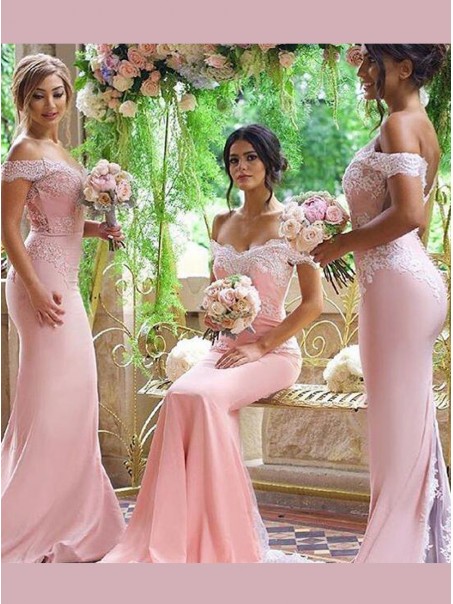 Trumpet/Mermaid Off-the-Shoulder Lace Long Pink Wedding Party Dresses Bridesmaid Dresses 99601042