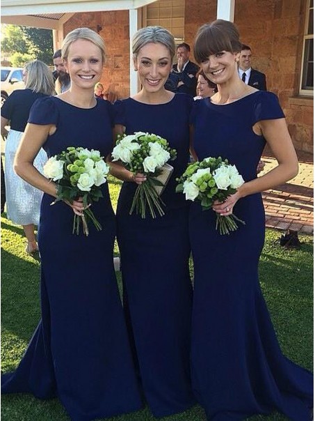 Trumpet/Mermaid Cap-Sleeves Long Blue Wedding Party Dresses Bridesmaid Dresses 99601043