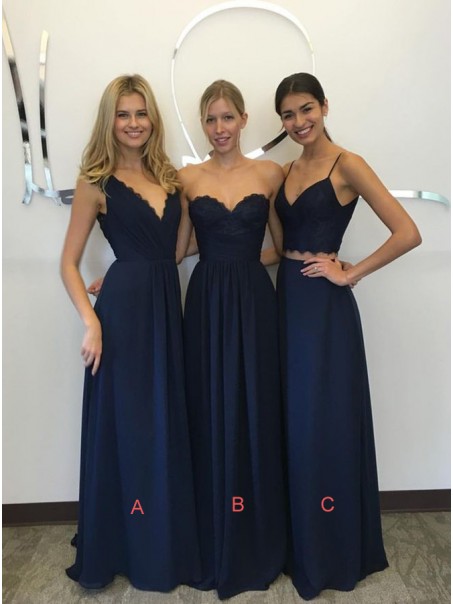 Long Navy Blue Lace Chiffon Floor-Length Wedding Party Dresses Bridesmaid Dresses 99601048