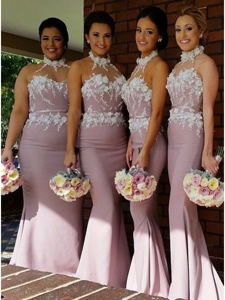 Trumpet/Mermaid Halter Lace Long Wedding Party Dresses Bridesmaid Dresses 99601060