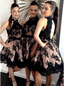A-Line Halter Short Black Lace Knee-Length Wedding Party Dresses Bridesmaid Dresses 99601062