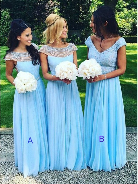 Long Blue Beaded Chiffon Floor-Length Wedding Party Dresses Bridesmaid Dresses 99601063