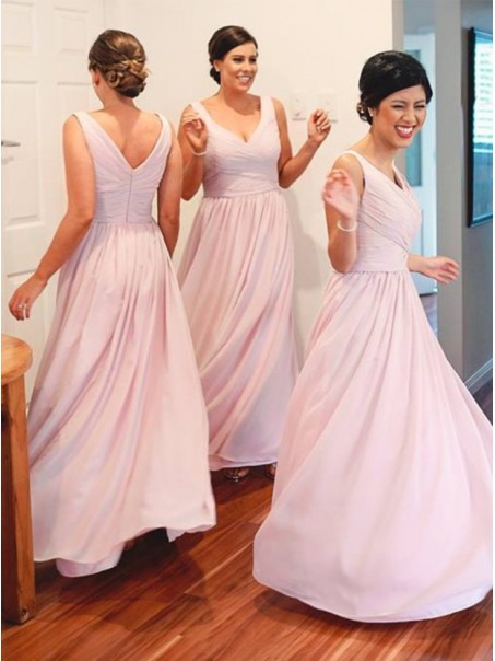 A-Line V-Neck Straps Long Pink Wedding Party Dresses Bridesmaid Dresses 99601073