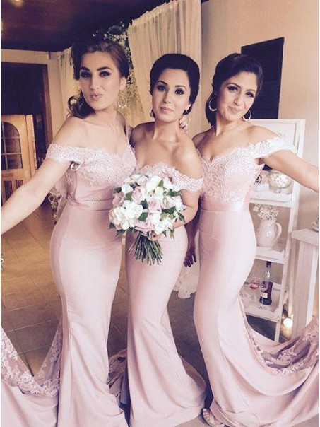 Trumpet/Mermaid Off-the-Shoulder Lace Wedding Party Dresses Bridesmaid Dresses 99601083