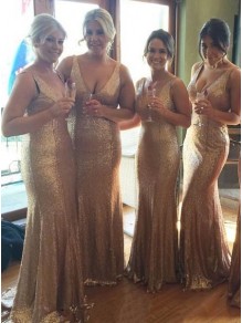 Trumpet/Mermaid V-Neck Straps Sequins Gold Long Wedding Party Dresses Bridesmaid Dresses 99601084 Trumpet/Mermaid V-Neck Straps Sequins Gold Long Wedding Party Dresses Bridesmaid Dresses 99601084