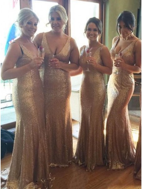 Trumpet/Mermaid V-Neck Straps Sequins Gold Long Wedding Party Dresses Bridesmaid Dresses 99601084