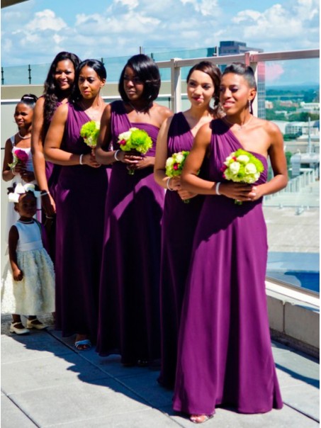 Long Purple Chiffon One-Shoulder Wedding Party Dresses Bridesmaid Dresses 99601086