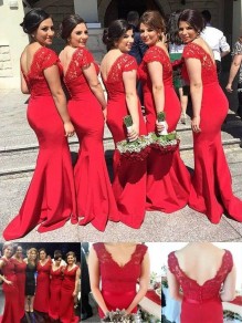 Trumpet/Mermaid Cap-Sleeves V-neck Lace Long Red Wedding Party Dresses Bridesmaid Dresses 99601092 Trumpet/Mermaid Cap-Sleeves V-neck Lace Long Red Wedding Party Dresses Bridesmaid Dresses 99601092