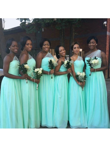 Mint Green One-Shoulder Long Chiffon Wedding Guest Dresses Bridesmaid Dresses 99601161