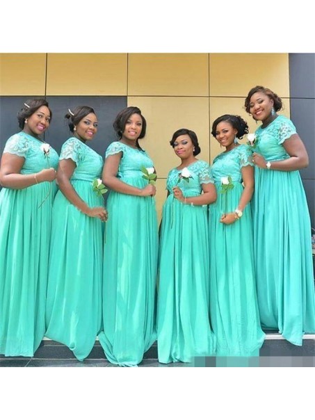Mint Green Short Sleeves Chiffon Lace Plus Size Long Wedding Guest Dresses Bridesmaid Dresses 99601163