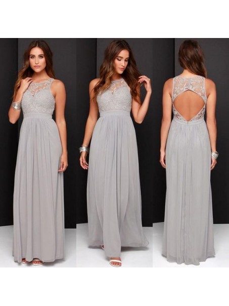 Grey Chiffon Lace Floor-Length Wedding Guest Dresses Bridesmaid Dresses 99601166