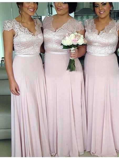 Cap Sleeves V-Neck Lace Chiffon Long Plus Size Wedding Guest Dresses Bridesmaid Dresses 99601189