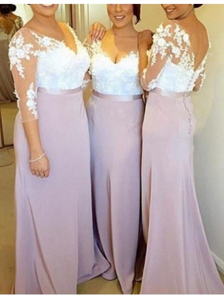 3/4 Length Sleeves V-Neck Lace Long Wedding Guest Dresses Bridesmaid Dresses 99601190