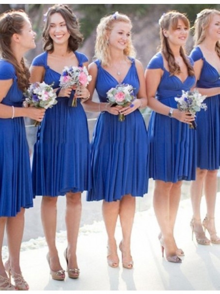 Short Blue V-Neck Knee Length Wedding Guest Dresses Bridesmaid Dresses 99601191