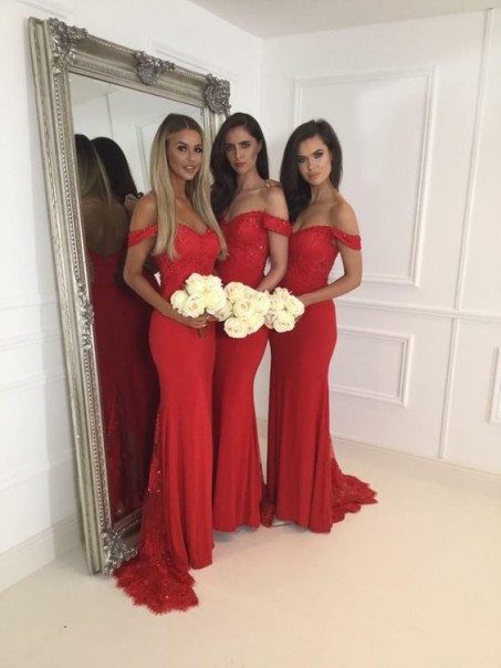 Mermaid Off-the-Shoulder Long Red Lace Wedding Guest Dresses Bridesmaid Dresses 99601228
