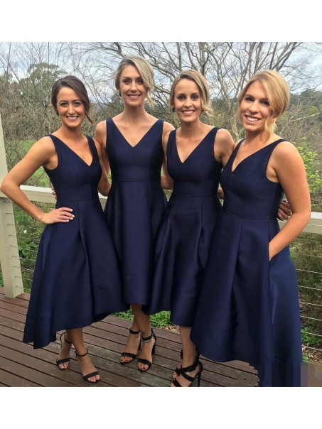 High Low V-Neck Navy Wedding Guest Dresses Bridesmaid Dresses 99601231