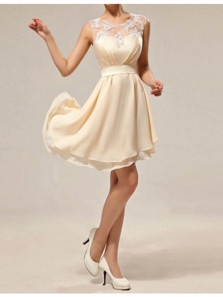 A-Line Illusion Neckline Lace Chiffon Short Wedding Guest Dresses Bridesmaid Dresses 99601238