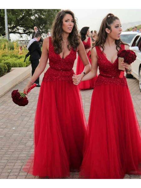 Long Red V-Neck Lace Wedding Guest Dresses Bridesmaid Dresses 99601253