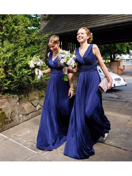 Long Blue V-Neck Wedding Guest Dresses Bridesmaid Dresses 99601254