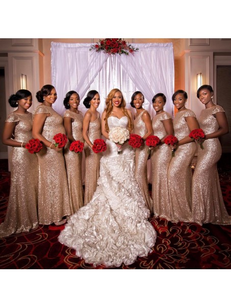 Mermaid Sequins Cap Sleeves Gold Wedding Guest Dresses Bridesmaid Dresses 99601264
