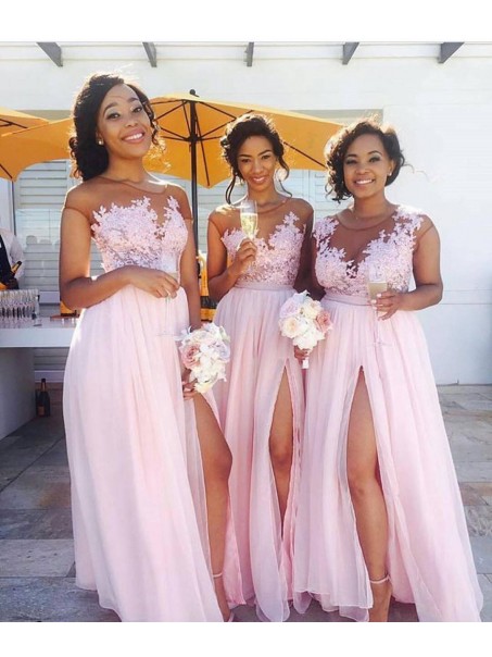 Long Pink Lace Appliques Chiffon Wedding Guest Dresses Bridesmaid Dresses 99601267