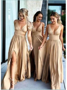 A-Line Floor Length V-Neck Long Bridesmaid Dresses with Slit 99601275