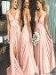 A-Line Floor Length V-Neck Long Pink Bridesmaid Dresses with Slit 99601277