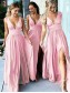 A-Line Floor Length V-Neck Long Pink Bridesmaid Dresses with Slit 99601277