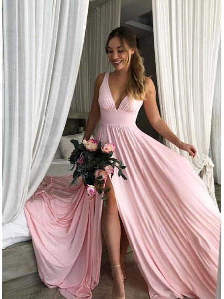 A-Line Floor Length V-Neck Long Pink Bridesmaid Dresses with Slit 99601278