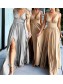 A-Line Floor Length V-Neck Long Bridesmaid Dresses with Slit 99601280
