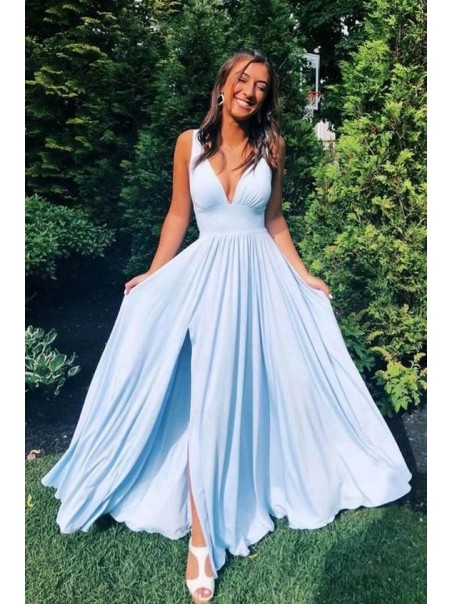 A-Line Floor Length V-Neck Long Blue Bridesmaid Dresses with Slit 99601281