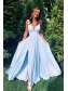A-Line Floor Length V-Neck Long Blue Bridesmaid Dresses with Slit 99601281