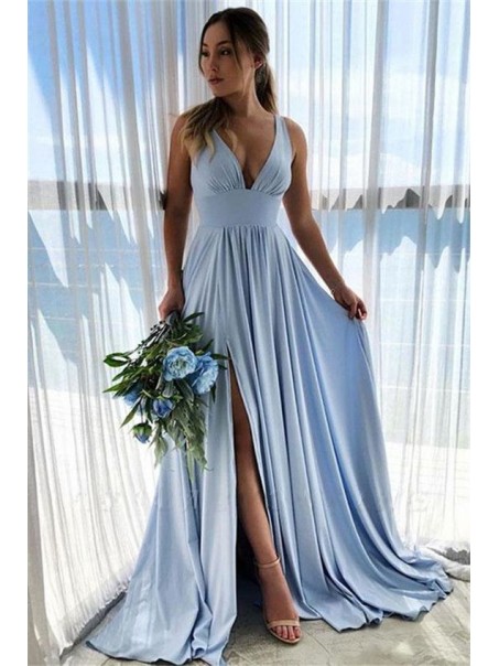 A-Line Floor Length V-Neck Long Bridesmaid Dresses with Slit 99601282