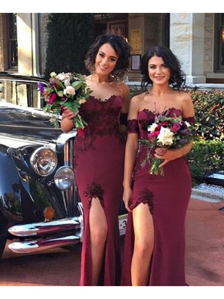 Mermaid Off-the-Shoulder Lace Long Bridesmaid Dresses with Slit 99601285