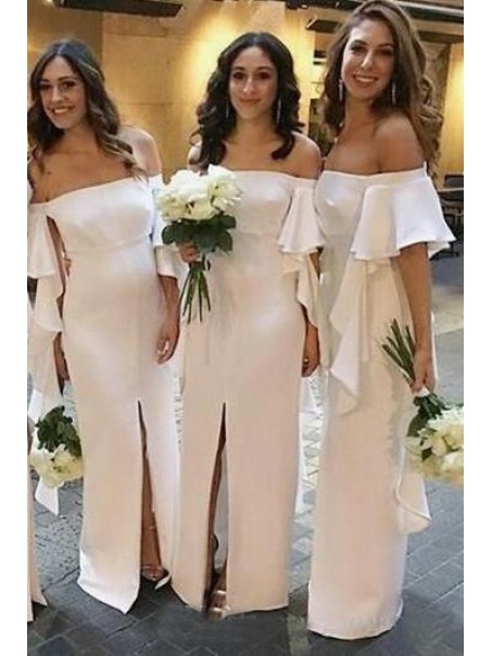 Long White Off-the-Shoulder Bridesmaid Dresses with Slit 99601286