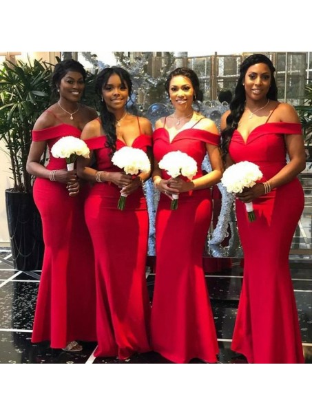 Mermaid Spaghetti Straps Long Red Bridesmaid Dresses with Slit 99601291