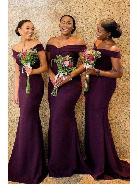 Elegant Mermaid Off-the-Shoulder Long Grape Bridesmaid Dresses 99601296