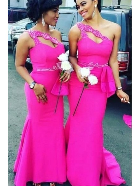 Mermaid One-Shoulder Beaded Long Bridesmaid Dresses 99601310