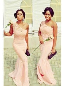 Mermaid One-Shoulder Lace Long Bridesmaid Dresses 99601324