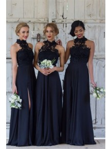 A-Line Lace Navy Blue Long Bridesmaid Dresses 99601325