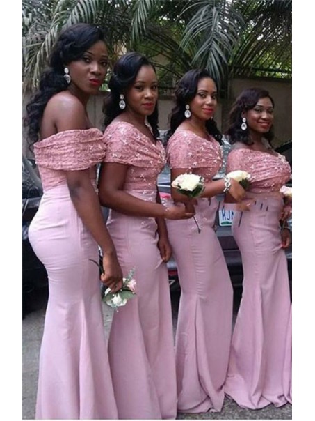 Mermaid Long Pink Lace Off-the-Shoulder Bridesmaid Dresses 99601333