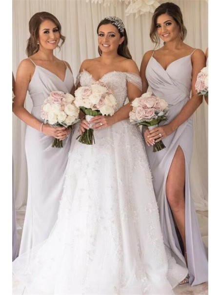 Sheath Spaghetti Straps Long Bridesmaid Dresses with Slit 99601355